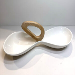 VTG Brandani Italy White Porcelain Divided Dish Bamboo Handle Appetizers MCM